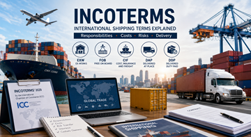 Międzynarodowy transport ładunków z kontenerami, ciężarówkami, statkami i specjalistami ds. logistyki wyjaśniającymi Incoterms w handlu globalnym