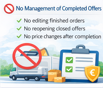 Ilustracja pokazująca, że kierowcy nie mogą edytować ani ponownie otwierać zakończonych ofert transportowych na platformie ExusTrans